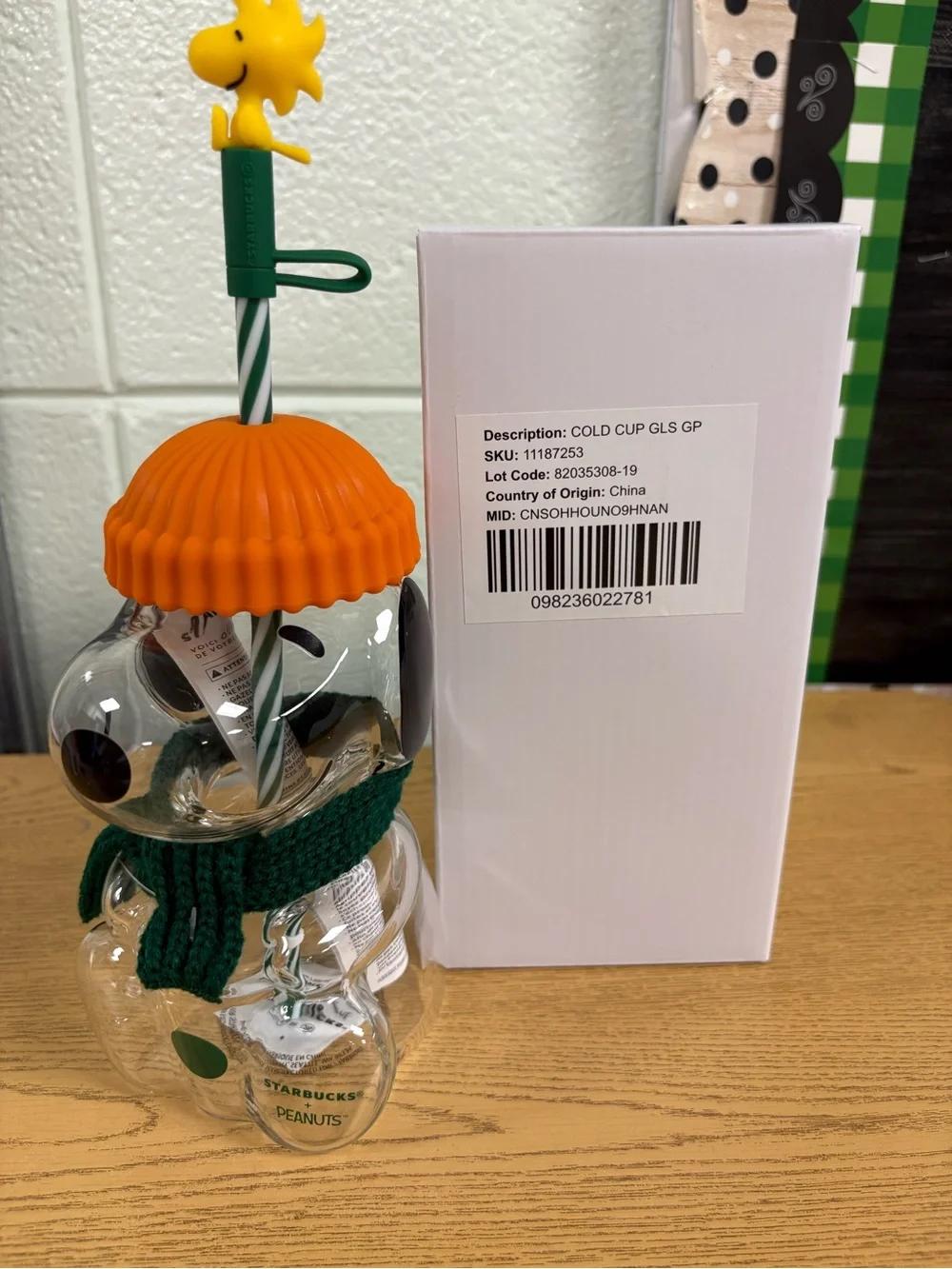 Starbucks Glass Snoopy cup with Orange Hat and Green Scarf